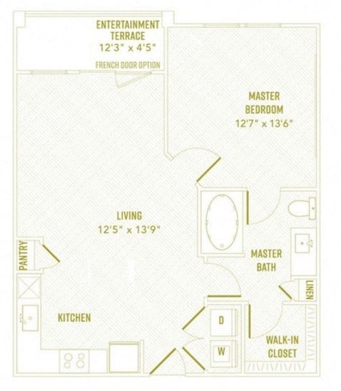Floor plan for 1 bed, 1 bath, 719 sqft